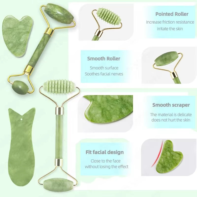 4Pcs Jade Roller & Gua Sha, Facial Roller Massager with Gua Sha Scraping Tool, Jade Stone Massager for Face and Neck - M'S