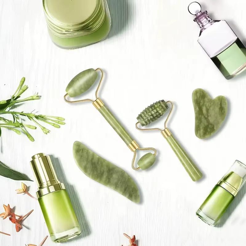 4Pcs Jade Roller & Gua Sha, Facial Roller Massager with Gua Sha Scraping Tool, Jade Stone Massager for Face and Neck - M'S