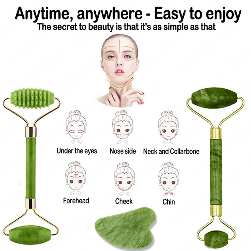 4Pcs Jade Roller & Gua Sha, Facial Roller Massager with Gua Sha Scraping Tool, Jade Stone Massager for Face and Neck - M'S
