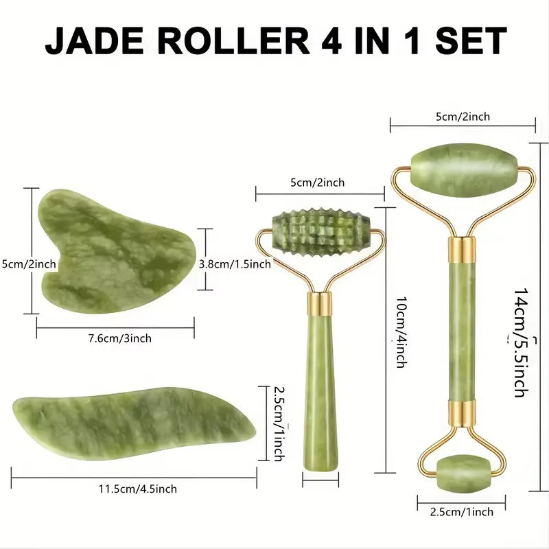 4Pcs Jade Roller & Gua Sha, Facial Roller Massager with Gua Sha Scraping Tool, Jade Stone Massager for Face and Neck - M'S